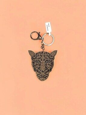 Glitz Crystal Cheetah Panther Face Key Ring Clip Charm Gold Black NWT